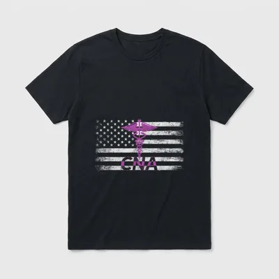 CNA Nurse US Flag T-Shirt – Distressed American flag with purple caduceus and CNA lettering – Classic T-Shirt in Black