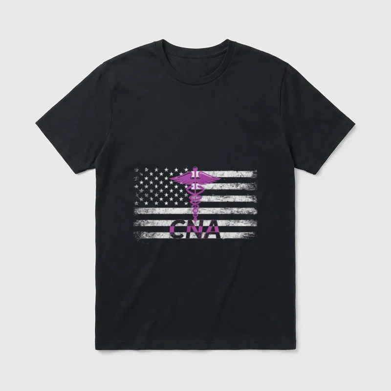 CNA Nurse US Flag T-Shirt – Distressed American flag with purple caduceus and CNA lettering – Classic T-Shirt in Black