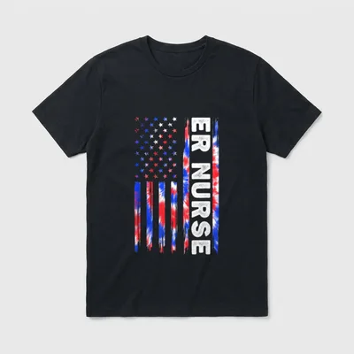 ER Nurse Tie Dye American Flag T-Shirt – ER NURSE letters with tie-dye stripes and stars – Classic T-Shirt in Black