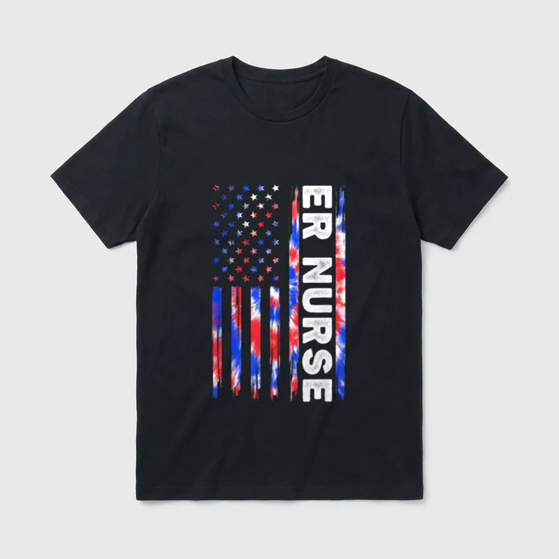 ER Nurse Tie Dye American Flag T-Shirt – ER NURSE letters with tie-dye stripes and stars – Classic T-Shirt in Black