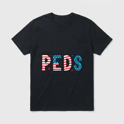 Peds Crew 4th of July Patriotic T-Shirt – PEDS crew in stars and stripes patchwork letters – Classic T-Shirt in Black