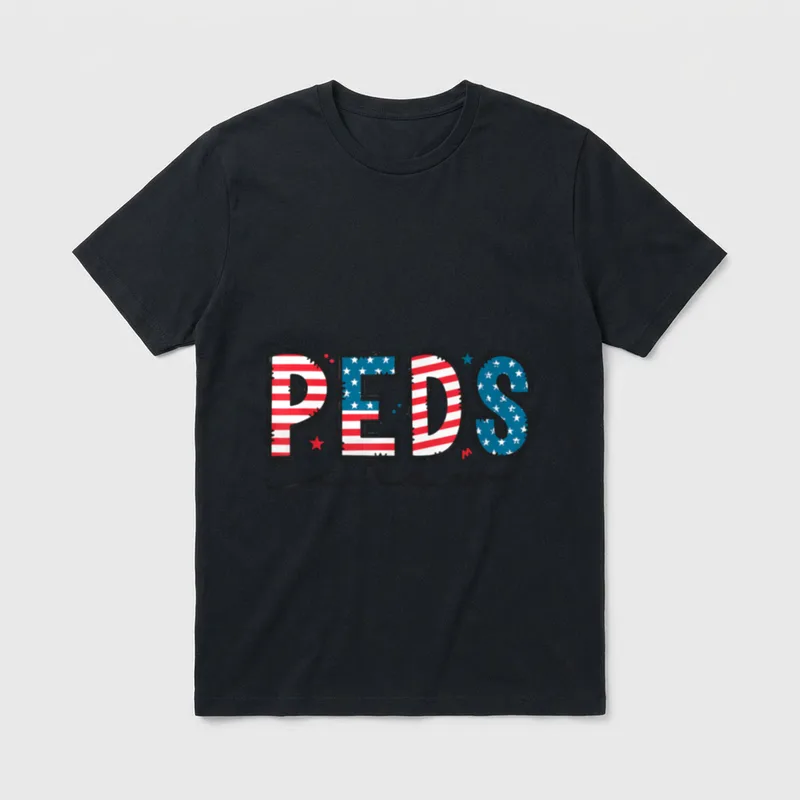 Peds Crew 4th of July Patriotic T-Shirt – PEDS crew in stars and stripes patchwork letters – Classic T-Shirt in Black