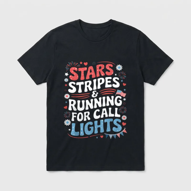 Lights 4th of July Nurse Stripes T-Shirt – STARS STRIPES & RUNNING FOR CALL LIGHTS – Classic T-Shirt in Black