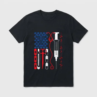 Patriotic Nurse Stethoscope American Flag 4th T-Shirt – Classic T-Shirt in Black