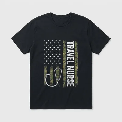 Travel Nursing T-Shirt – Camouflage American flag with stethoscope and TRAVEL NURSE text – Classic T-Shirt in Black