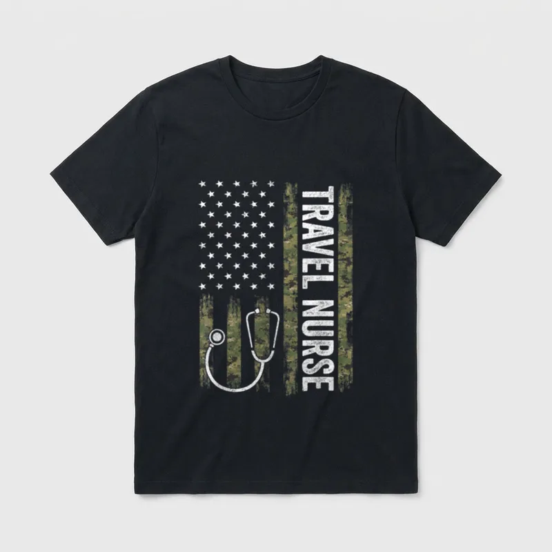 Travel Nursing T-Shirt – Camouflage American flag with stethoscope and TRAVEL NURSE text – Classic T-Shirt in Black