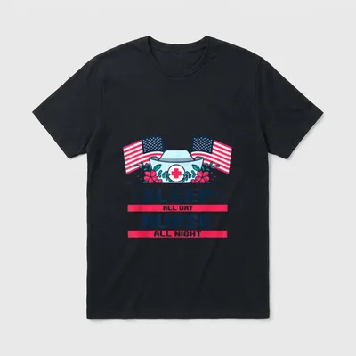 Proud American Nurses T-Shirt – Nurse cap, American flags, and SLEEP ALL DAY NURSE ALL NIGHT text – Classic T-Shirt in Black
