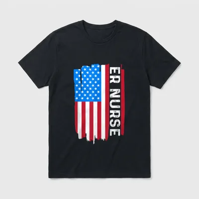 Er Nurse Vintage T-Shirt – Distressed vertical American flag graphic with white ER NURSE text – Classic T-Shirt in Black
