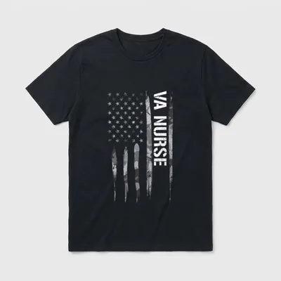 Nurse VA American Flag T-Shirt – Vertical “VA NURSE” print with camouflage stripes and stars – Classic T-Shirt in Black