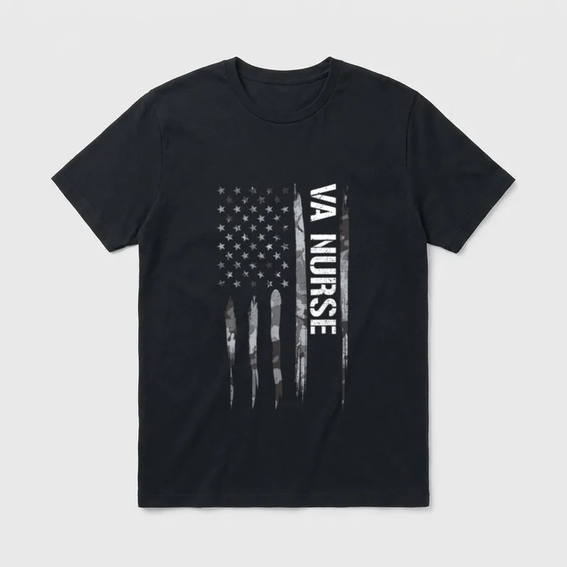 Nurse VA American Flag T-Shirt – Vertical “VA NURSE” print with camouflage stripes and stars – Classic T-Shirt in Black