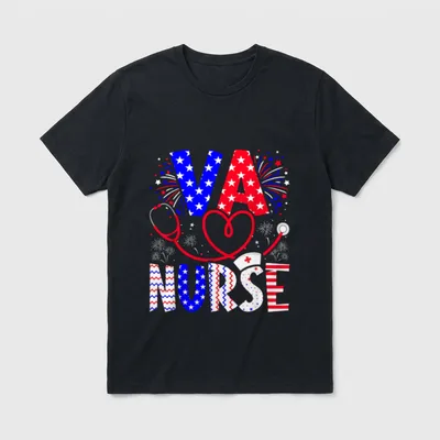 VA Nurse 4th of July Flag T-Shirt – VA NURSE with stethoscope heart, stars, stripes, and fireworks – Classic T-Shirt in Black