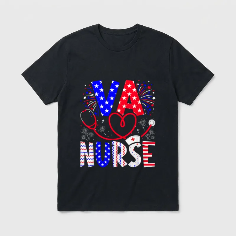 VA Nurse 4th of July Flag T-Shirt – VA NURSE with stethoscope heart, stars, stripes, and fireworks – Classic T-Shirt in Black
