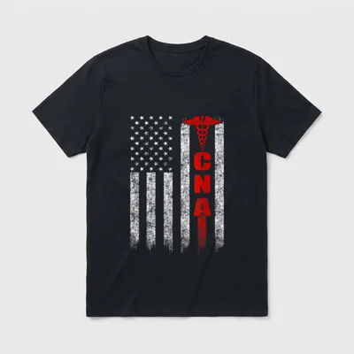 CNA American Flag Patriotic Pride Nurse T-Shirt – “CNA” lettering with caduceus on distressed flag – Classic T-Shirt in Black