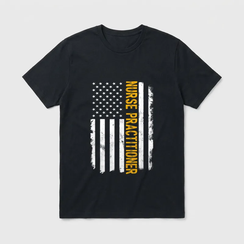 Nurse Practitioner Job T-Shirt – Distressed American flag with vertical text NURSE PRACTITIONER – Classic T-Shirt in Black