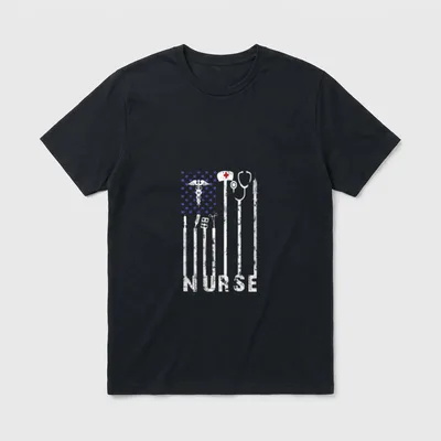 Icu Nurse American Flag Patriotic RN T-Shirt – Distressed medical flag artwork spelling NURSE – Classic T-Shirt in Black