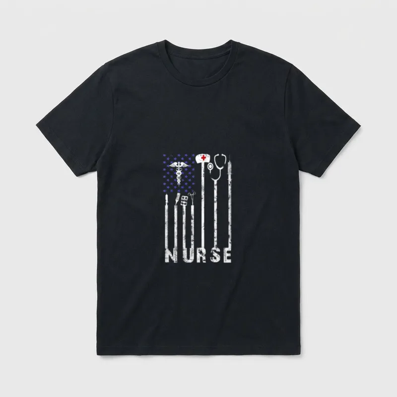Icu Nurse American Flag Patriotic RN T-Shirt – Distressed medical flag artwork spelling NURSE – Classic T-Shirt in Black