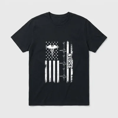 American Flag Heartbeat Line Nurse Day T-Shirt – Classic T-Shirt in Black