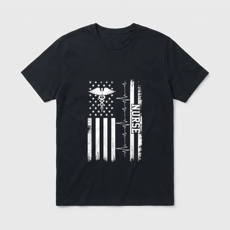 American Flag Heartbeat Line Nurse Day T-Shirt – Classic T-Shirt in Black