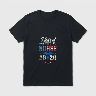 Year of the Nurse 2020 USA T-Shirt – Year of THE NURSE 2020 lettering with caduceus and flag – Classic T-Shirt in Black