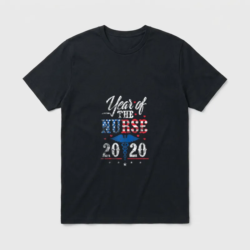 Year of the Nurse 2020 USA T-Shirt – Year of THE NURSE 2020 lettering with caduceus and flag – Classic T-Shirt in Black