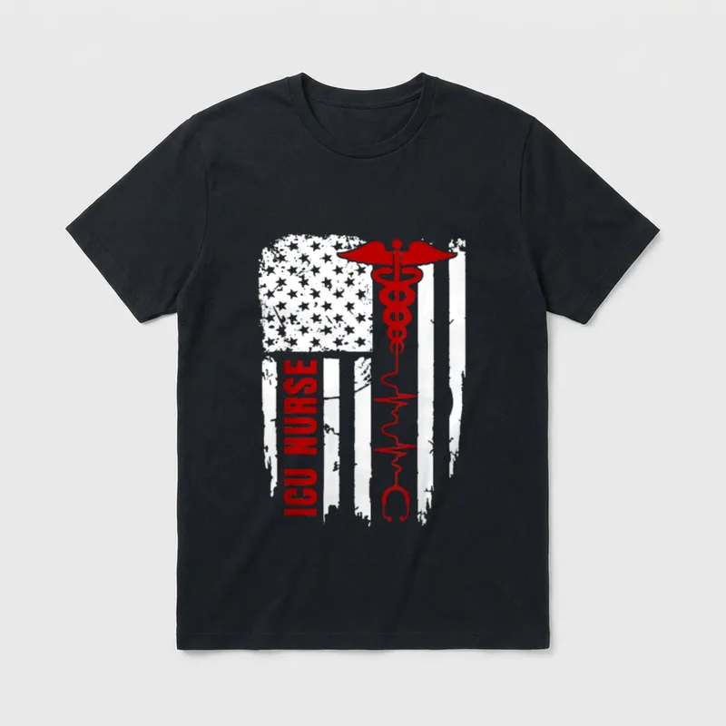 Patriotic ICU Nurse USA American Flag T-Shirt – Classic T-Shirt in Black