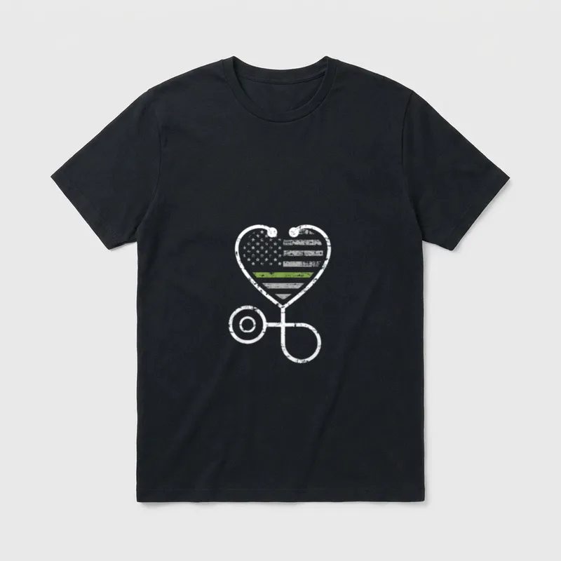 Green Line Stethoscope Heart Military Nurse T-Shirt – Classic T-Shirt in Black