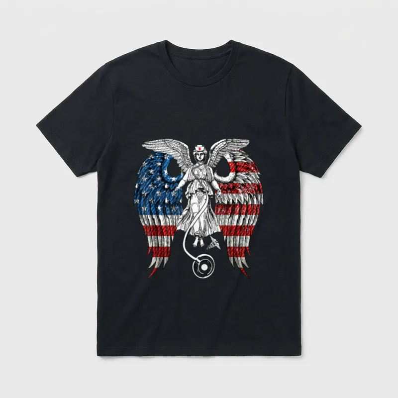 USA Nurse Angel Wings Patriotic American T-Shirt – Classic T-Shirt in Black