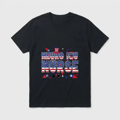 4th of July Neuro ICU Nurse T-Shirt – “NEURO ICU NURSE” in flag pattern with fireworks and top hat – Classic T-Shirt in Black