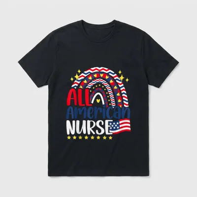 All American Nurse 4th of Day T-Shirt – All American Nurse lettering with rainbow and flag – Classic T-Shirt in Black