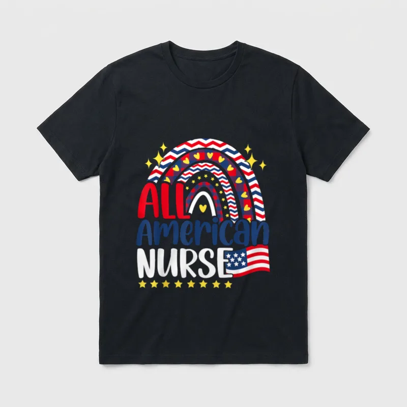 All American Nurse 4th of Day T-Shirt – All American Nurse lettering with rainbow and flag – Classic T-Shirt in Black
