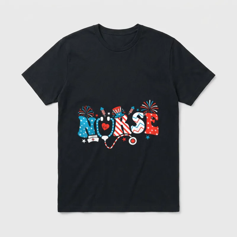 4th of July Nurse American Groovy T-Shirt – Classic T-Shirt in Black