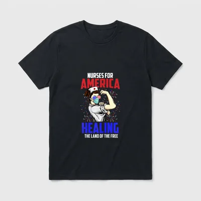 America Nurse 4th of July Land T-Shirt – Nurse flexing bicep with flag sunglasses and fireworks – Classic T-Shirt in Black
