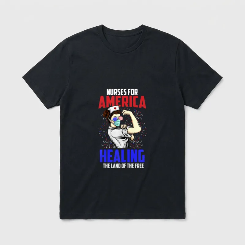 America Nurse 4th of July Land T-Shirt – Nurse flexing bicep with flag sunglasses and fireworks – Classic T-Shirt in Black