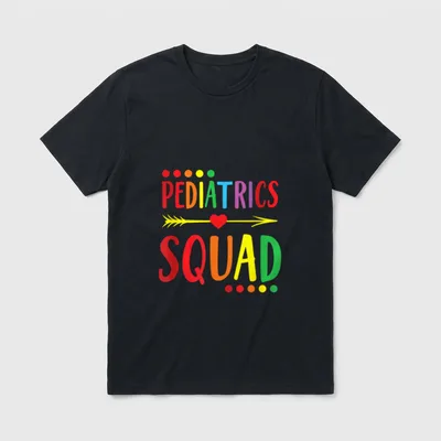 Peds Nurse Shirt – Pediatrics Squad lettering with a heart arrow and colorful dots – Classic T-Shirt in Black