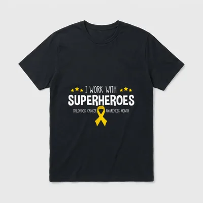 RN Nurse Oncologist Ribbon T-Shirt – Yellow awareness ribbon and I WORK WITH SUPERHEROES lettering – Classic T-Shirt in Black