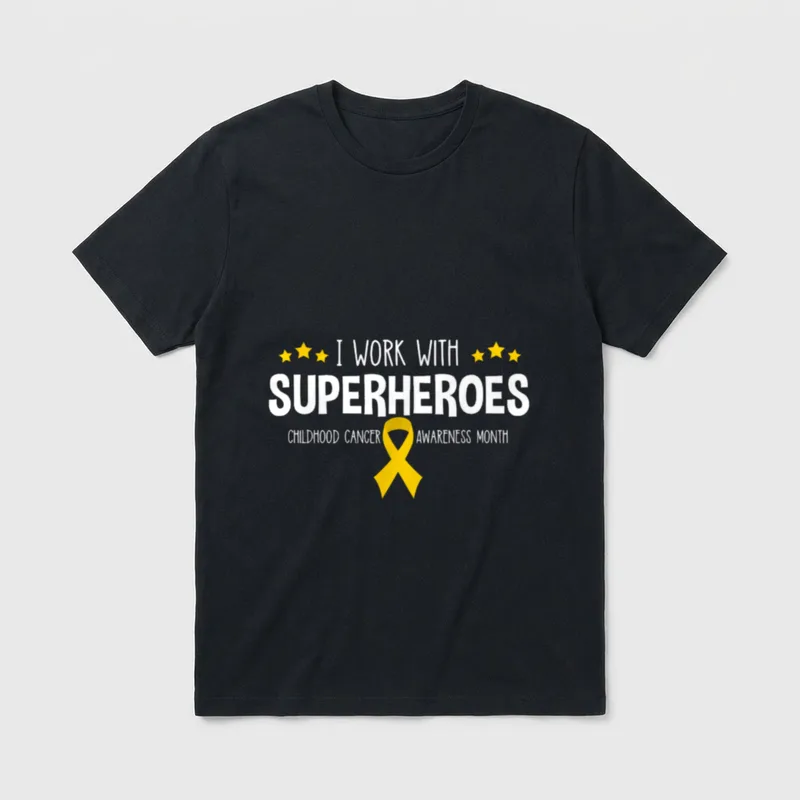 RN Nurse Oncologist Ribbon T-Shirt – Yellow awareness ribbon and I WORK WITH SUPERHEROES lettering – Classic T-Shirt in Black