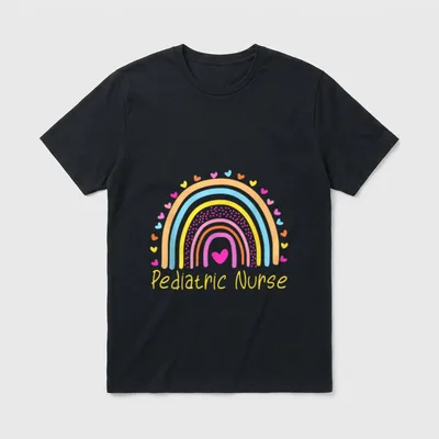 Pediatric Nurse Rainbow T-Shirt – Pediatric Nurse lettering with rainbow arches and tiny hearts – Classic T-Shirt in Black