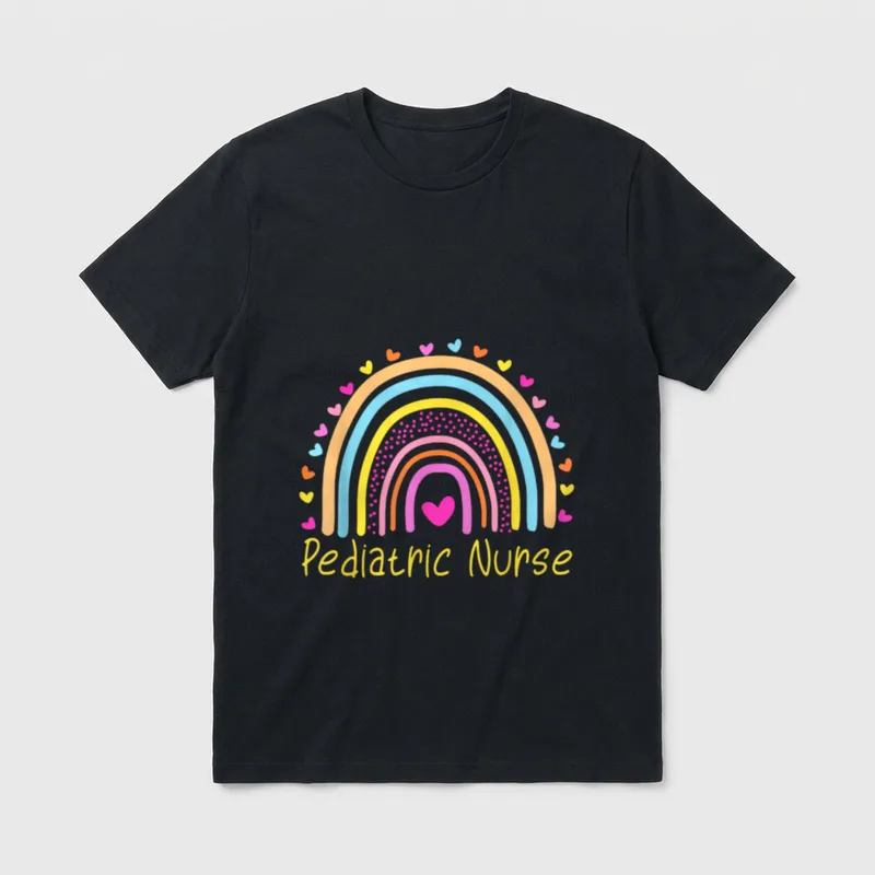 Pediatric Nurse Rainbow T-Shirt – Pediatric Nurse lettering with rainbow arches and tiny hearts – Classic T-Shirt in Black