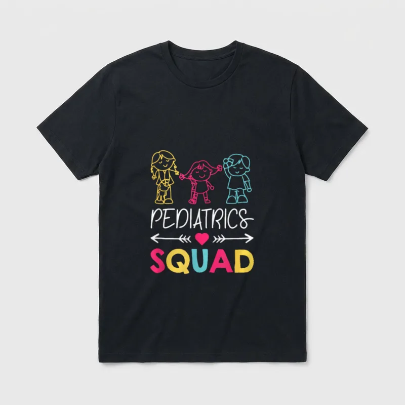 Pediatrics Squad Nurse T-Shirt – Children sketches with “PEDIATRICS SQUAD” and heart arrow graphic – Classic T-Shirt in Black