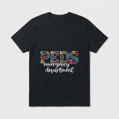 RN ER Pediatric ED Nurse T-Shirt – PEDS emergency department in colorful handprints – Classic T-Shirt in Black