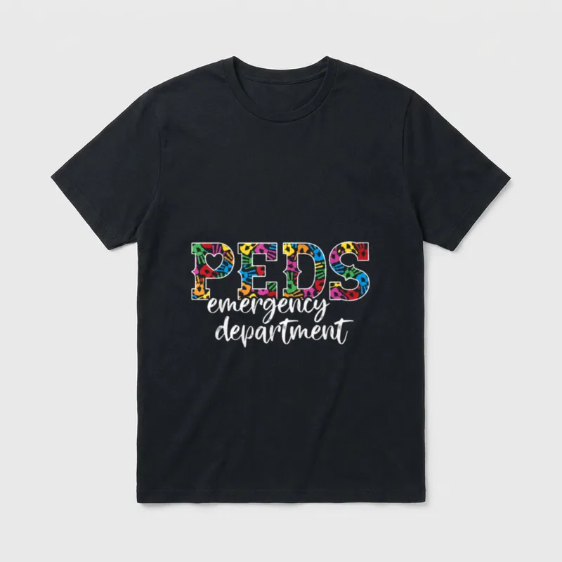 RN ER Pediatric ED Nurse T-Shirt – PEDS emergency department in colorful handprints – Classic T-Shirt in Black
