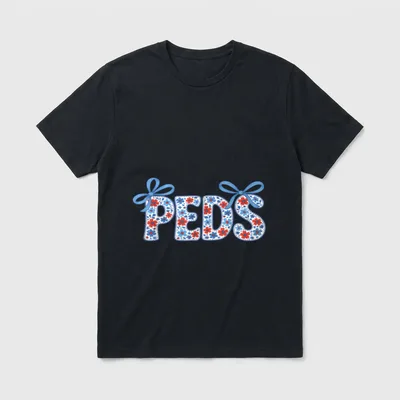 Floral PEDS Nurse Coquette Bow Pediatric T-Shirt – Floral PEDS lettering with blue ribbon bows – Classic T-Shirt in Black