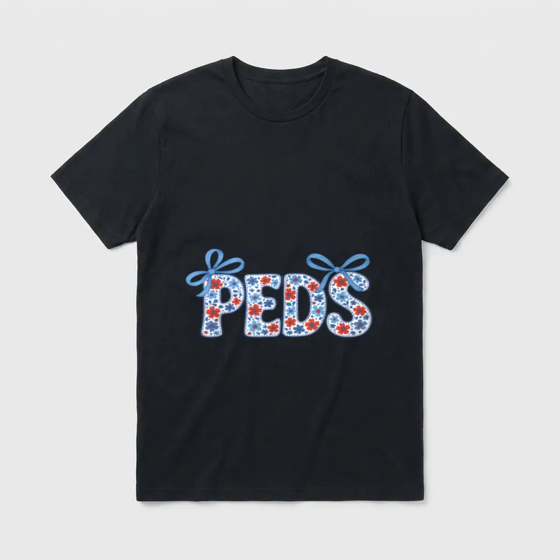 Floral PEDS Nurse Coquette Bow Pediatric T-Shirt – Floral PEDS lettering with blue ribbon bows – Classic T-Shirt in Black