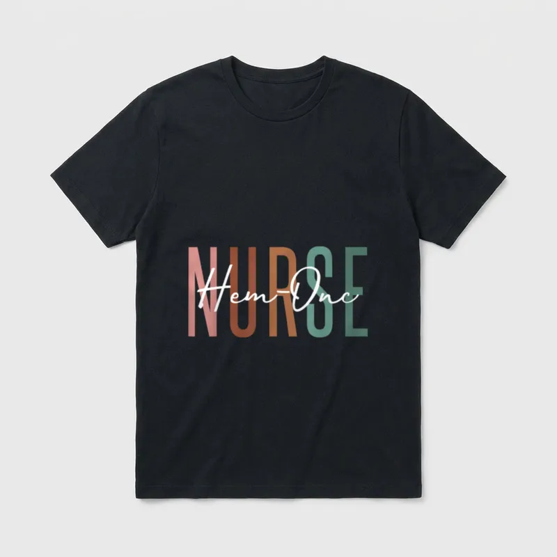 Onc RN Nurse Appreciation T-Shirt – Earth-toned NURSE letters with white Hem-Onc script overlay – Classic T-Shirt in Black
