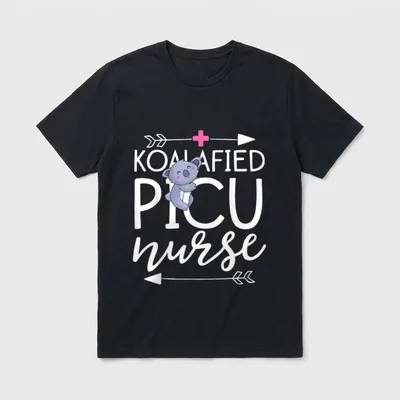 Koalafied PICU Nurse T-Shirt – KOALAFIED PICU nurse with a smiling cartoon koala and arrows – Classic T-Shirt in Black