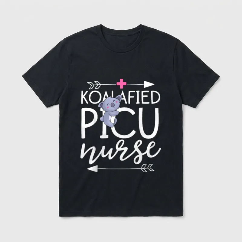 Koalafied PICU Nurse T-Shirt – KOALAFIED PICU nurse with a smiling cartoon koala and arrows – Classic T-Shirt in Black