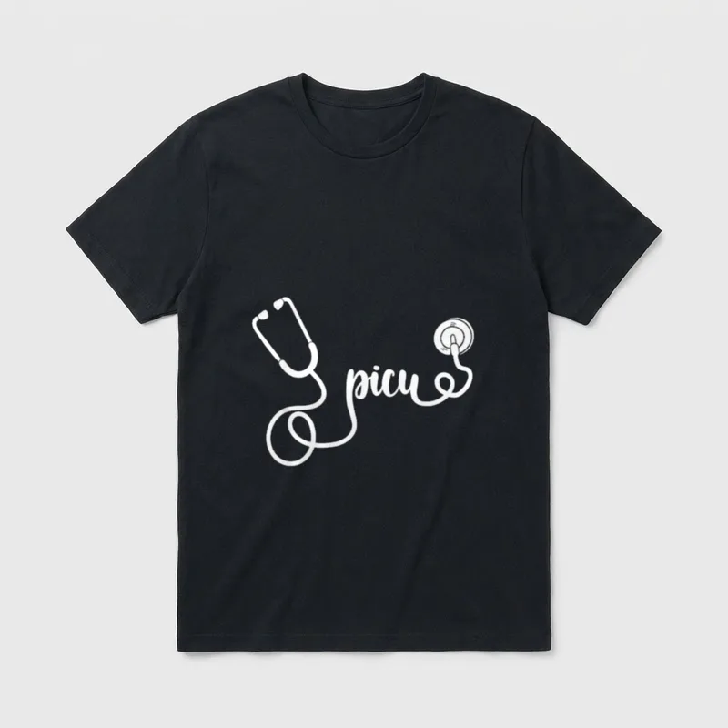 PICU Nurse for Pediatric T-Shirt – White stethoscope with tubing spelling the word picu – Classic T-Shirt in Black