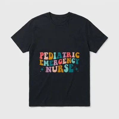 PEDS Emergency Pediatric ER Nurse Room T-Shirt – PEDIATRIC EMERGENCY NURSE in groovy letters – Classic T-Shirt in Black