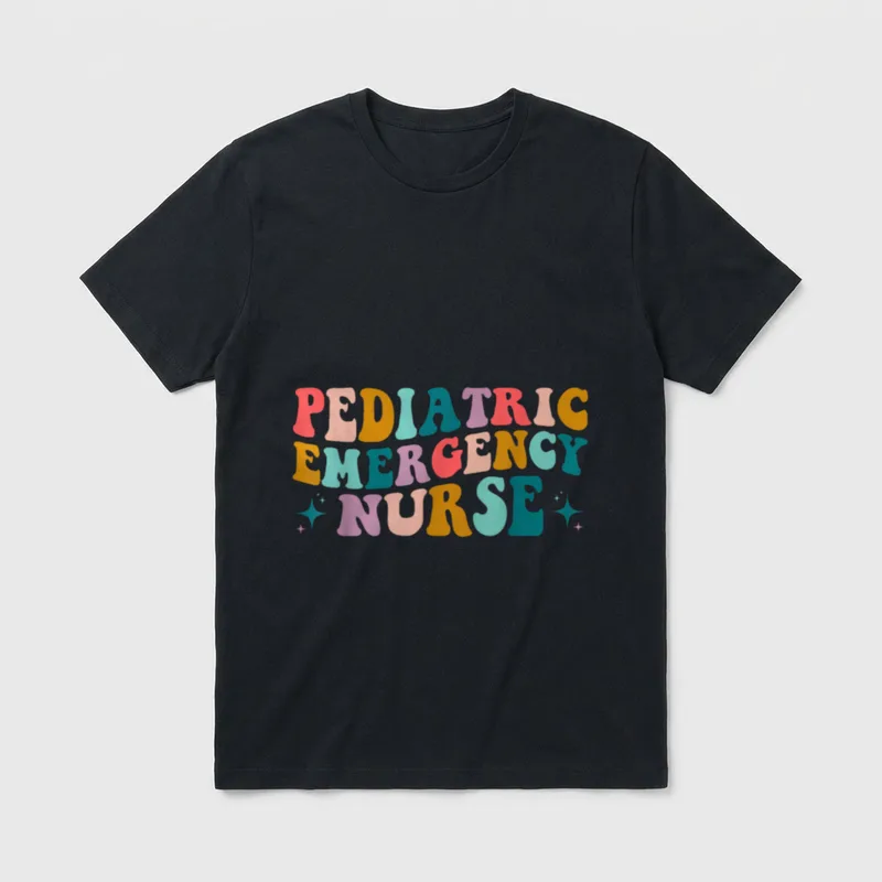 PEDS Emergency Pediatric ER Nurse Room T-Shirt – PEDIATRIC EMERGENCY NURSE in groovy letters – Classic T-Shirt in Black