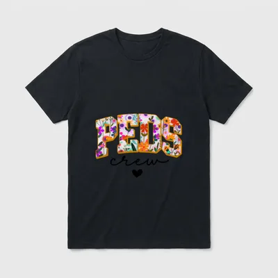 Peds Nurse Picu Pediatrics T-Shirt – Floral PEDS letters with cursive crew script and heart – Classic T-Shirt in Black